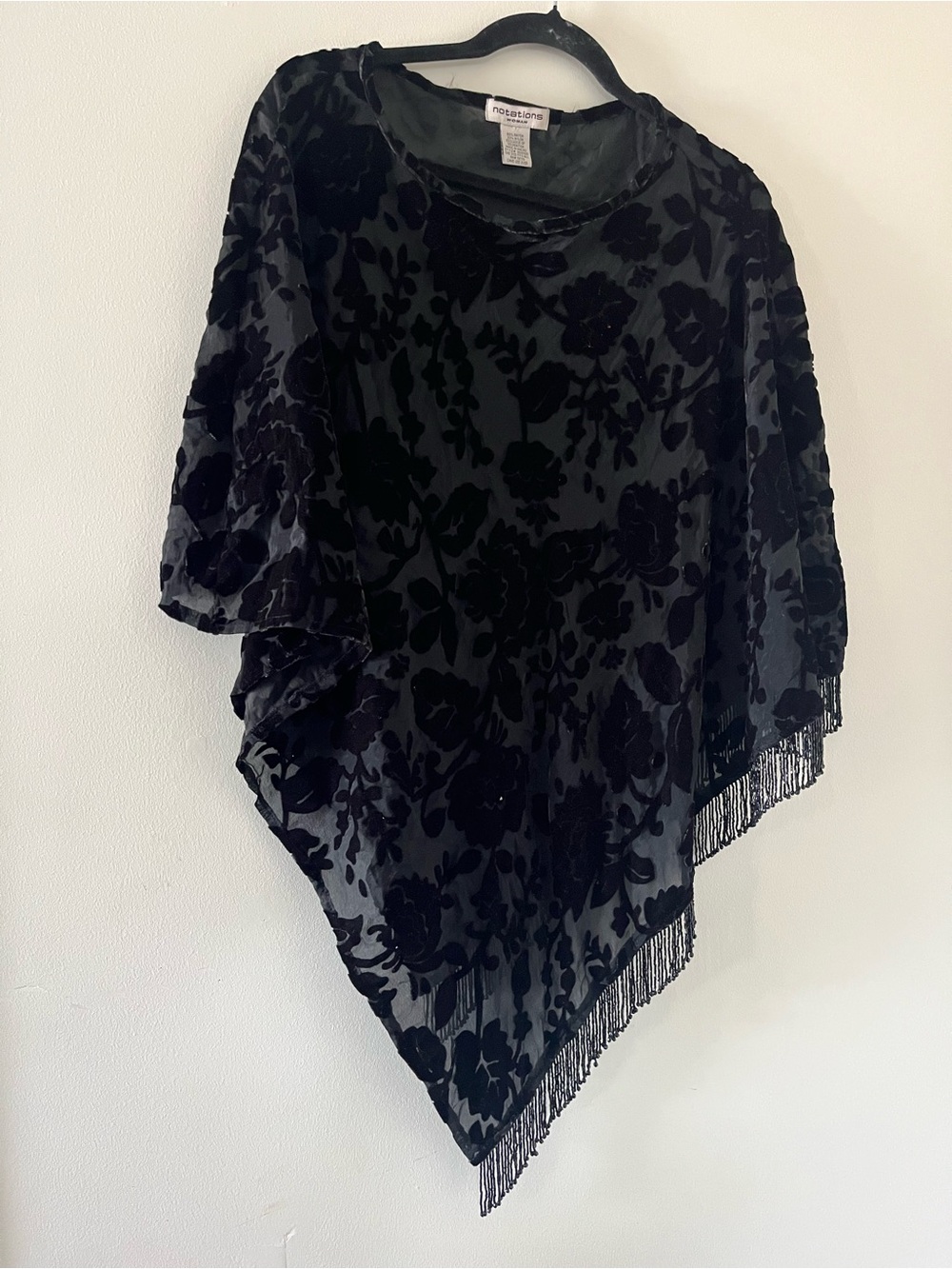 Vintage Black Floral Velvet Burnout Sheer Poncho Shawl One Size Beaded Fringe